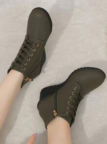 Women's Shoes, Korean-Style Fashionable Casual High-Heeled Shoes With Thick Sole, Wedge Heel, Short Cylinder, Round Toe, Versatile Design For Spring, Summer, And Autumn - Army Green - View 4