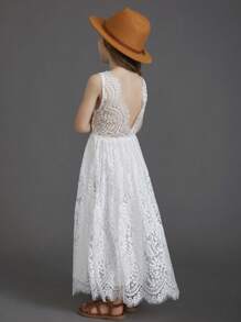 Tween Girls' Lace Open Back Dress For Flower Girl, Wedding Or Party - White - View 2