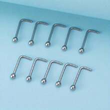 10pcs Simple Piercing Jewelry Set Including Ball Shaped Nose Stud, Straight Barbell, L-Shaped Barbell, Curved Barbell And Stud Earrings, Suitable For Women's Daily Wear - Silver - View 13