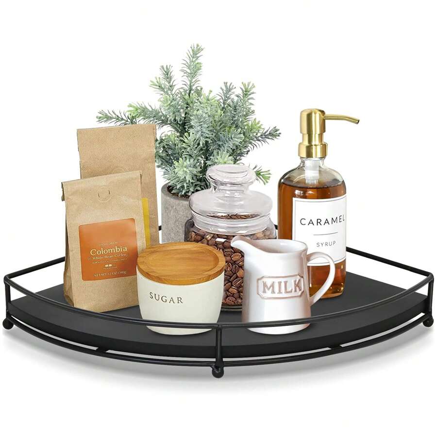 Wood Counter Corner Shelf, Black Decorative Serving Tray Bathroom Organizer Countertop, Rustic Tray Riser For Coffee Bar Decor, Display Riser For Farmhouse Accent Centerpiece In Kitchen/Dining - Black - View 1