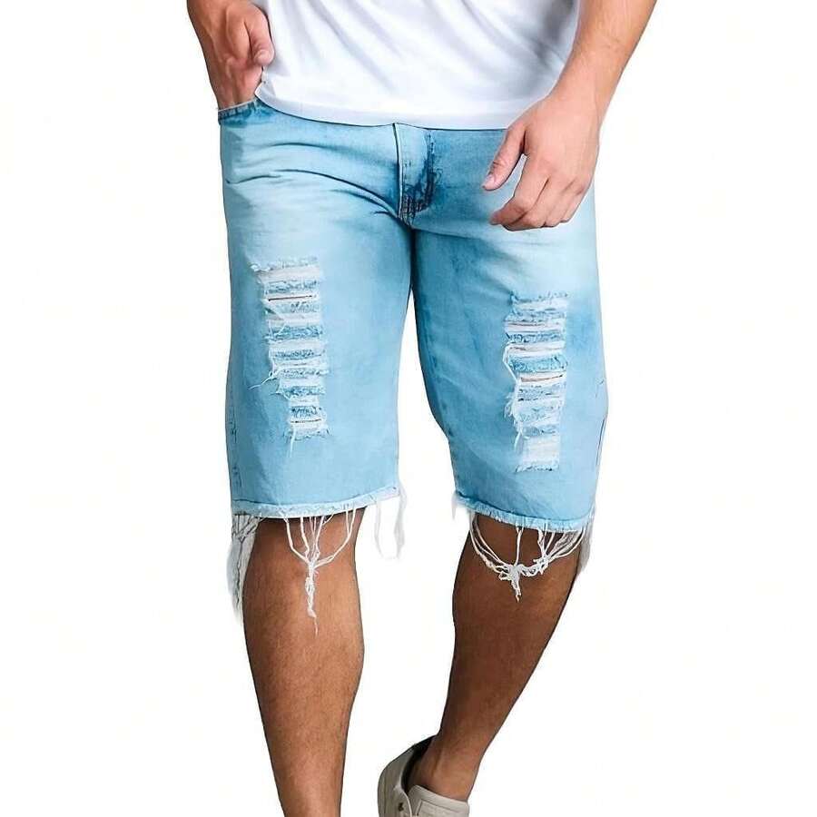 Men Denim Shorts - 淺色水洗藍 - 查看 1