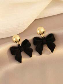 1 đôi bông tai nơ nhung đen cổ điển kiểu Pháp dành cho nữ, bông tai đính đá thời trang đơn giản, cá nhân hóa, quà tặng tuyệt vời cho bạn bè, bạn gái, bạn thân - Kiểu thắt nơ - Xem 1