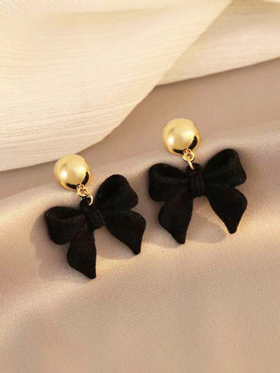 1 đôi bông tai nơ nhung đen cổ điển kiểu Pháp dành cho nữ, bông tai đính đá thời trang đơn giản, cá nhân hóa, quà tặng tuyệt vời cho bạn bè, bạn gái, bạn thân - Kiểu thắt nơ - Xem 1