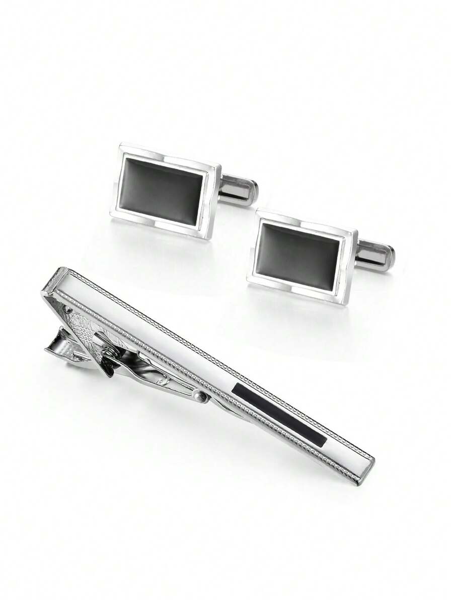 一對經典黃銅黑色袖扣和銀黑色領帶夾套裝,可作為給丈夫的禮物 - 銀色 - 查看 1
