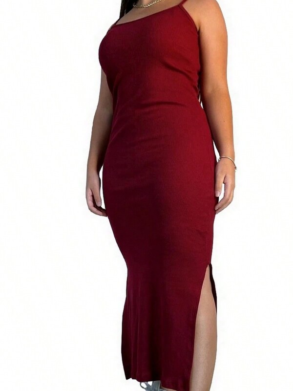 Vestido Midi Canelado Alcinha Com Fendas