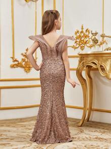 少女閃片點綴紗裙開叉魚尾禮服