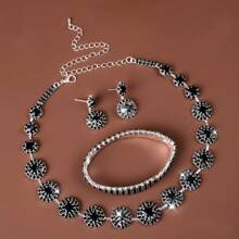 4pcs/set Full Diamond Circle Chain Necklace & Chain Bracelet & Drop Earrings For Women Wedding Bridal Jewelry - Silver - View 13