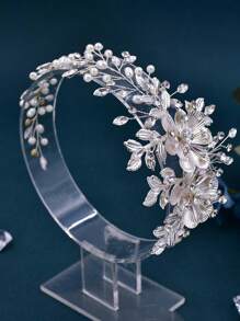 Diadema nupcial elegante hecha a mano con perlas y flores de aleación, accesorios para el cabello de boda adecuados para novias, damas de honor, mujeres y niñas, regalo de vacaciones, accesorios del Día de San Valentín - Plateado - Ver 6