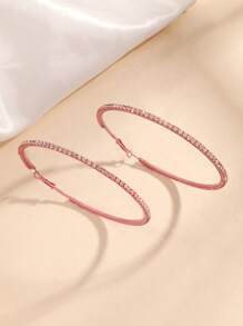 極簡主義鑲嵌鑽石大環耳環女士款,時尚優雅幾何圓形垂墜耳環 - 粉色 - 查看 4