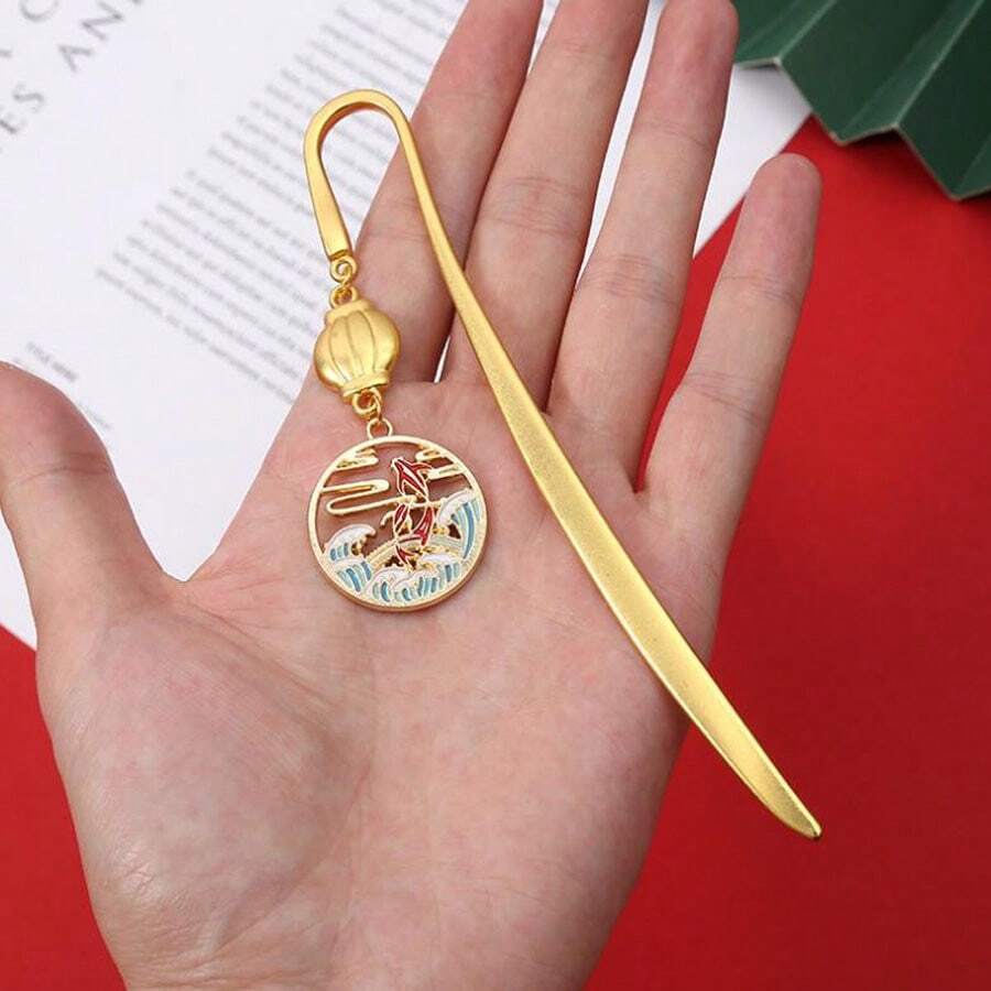 1入仿金屬書籤（鯉魚跳龍門圖案），創意傳統龍鳳設計經典剪刀造型書籤文具夾，適合書迷和讀者作為禮物 - 彩色 - 查看 1