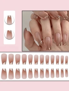 24 片指甲贴片，金色对角法式佩戴指甲，成品裸棕色渐变佩戴指甲，可拆卸假指甲贴片，辣妹个性化美甲，配有 1 片果冻胶和 1 个迷你指甲锉 - 彩色 - 查看 2