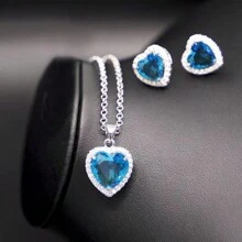 3pcs/Set Solid Color Heart Shaped Zirconia Earrings, Necklace & Pendant Set, 5 Colors Available Valentines