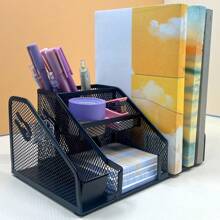 1pc Multi-Functional Metal Pen Holder, Grid Storage Box, Iron Wire Creative Student Desk Organizer Box - Black - View 6