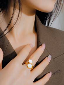 18K 镀金时尚不锈钢花朵戒指 女士 适合日常生活 送给女朋友的礼物 情人节 - 黑色 - 查看 3