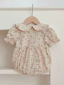 Sweet Floral Print Puff Sleeve Baby Girl Romper - Pink - View 3