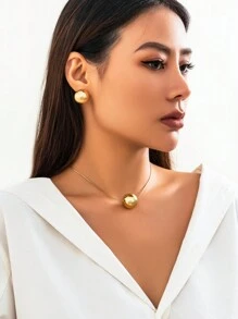 3pcs Vintage Simple Ccb Bead Pendant Necklace & Earrings Set, Women's Fashion Jewelry Kit - Silver - View 9