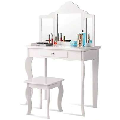 Children's Dressing Table With 3 Folding And Removable Mirrors, Dressing Table, Children's Table Made Of Wood, 1 Stool, 1 Drawer, Including Hair Rope Set, For Girls, In The Bedroom (White)