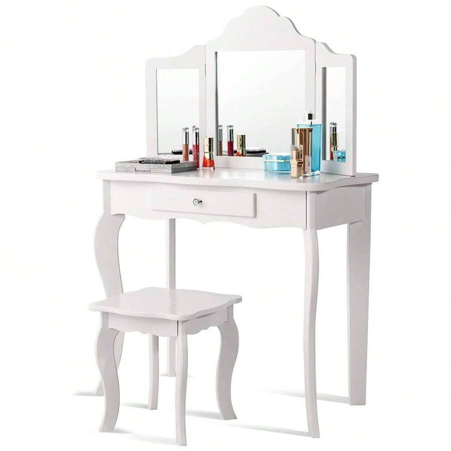 Children's Dressing Table With 3 Folding And Removable Mirrors, Dressing Table, Children's Table Made Of Wood, 1 Stool, 1 Drawer, Including Hair Rope Set, For Girls, In The Bedroom (White)