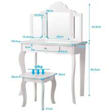 Children's Dressing Table With 3 Folding And Removable Mirrors, Dressing Table, Children's Table Made Of Wood, 1 Stool, 1 Drawer, Including Hair Rope Set, For Girls, In The Bedroom (White)
