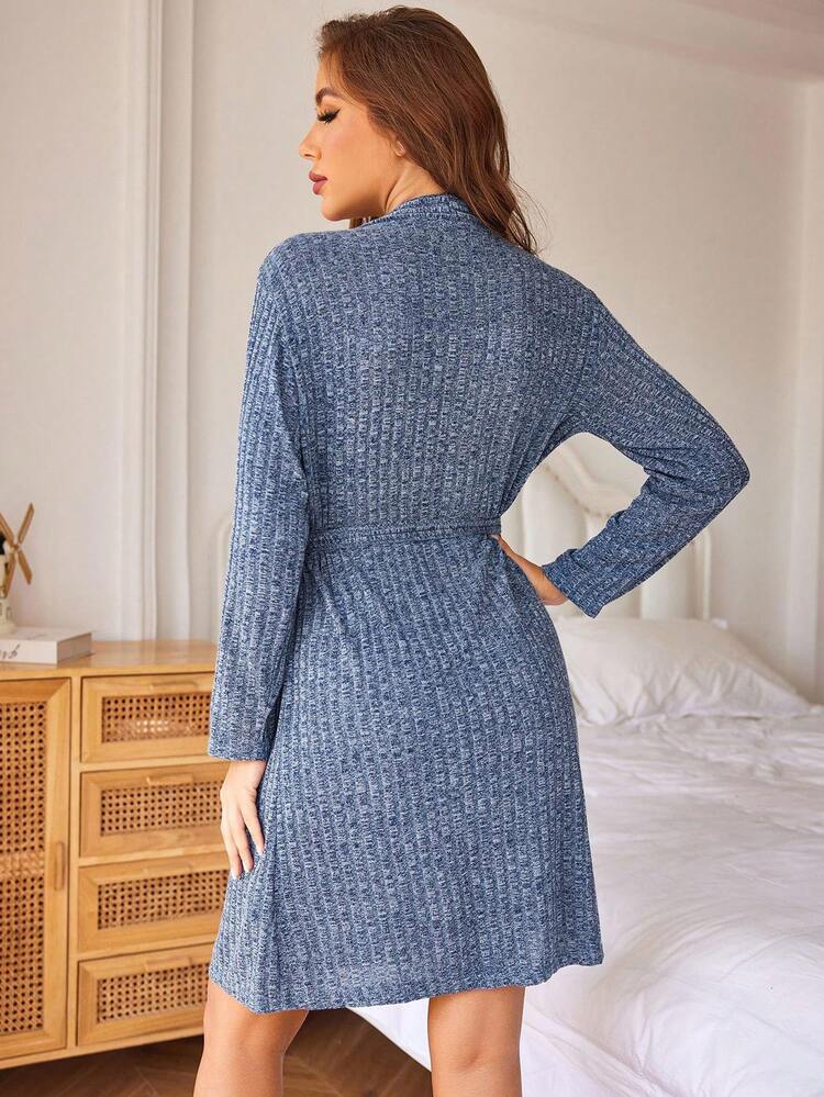 Women's Sexy Double Pocket Knit Robe, Soft Comfortable With Stretch Solid Color Bathrobe, Winter, Valentine's Day Outfit - Blue - View 2
