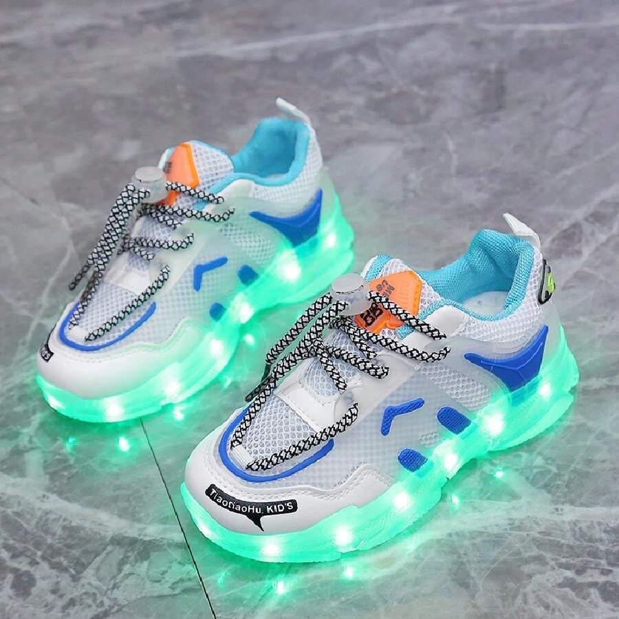 GUANGLAN Sapatos com LED de carregamento USB, tênis piscantes para meninos, meninas, crianças, tênis esportivos casuais respiráveis de malha, sapatos luminosos de celebridades de rede para primavera, verão, outono, tênis de cor sólida