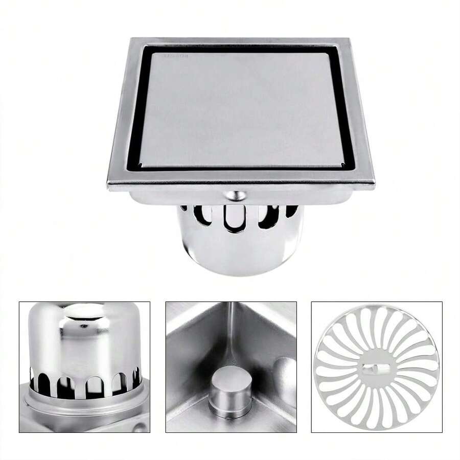 Drenaje de Piso de Acero Inoxidable Forma Cuadrada Baño Anti-Olor Plato de Ducha Inserto Rejilla de desagüe de Suelo Anti-Obstrucción para Cocina Baño Garaje y Sótano - Plateado - Ver 1