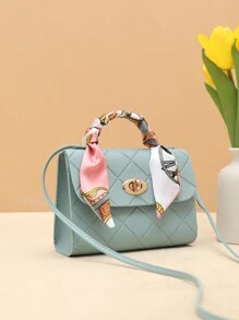 女士压纹格子小手提包配围巾，休闲购物手提包 - 藍色 - 查看 2