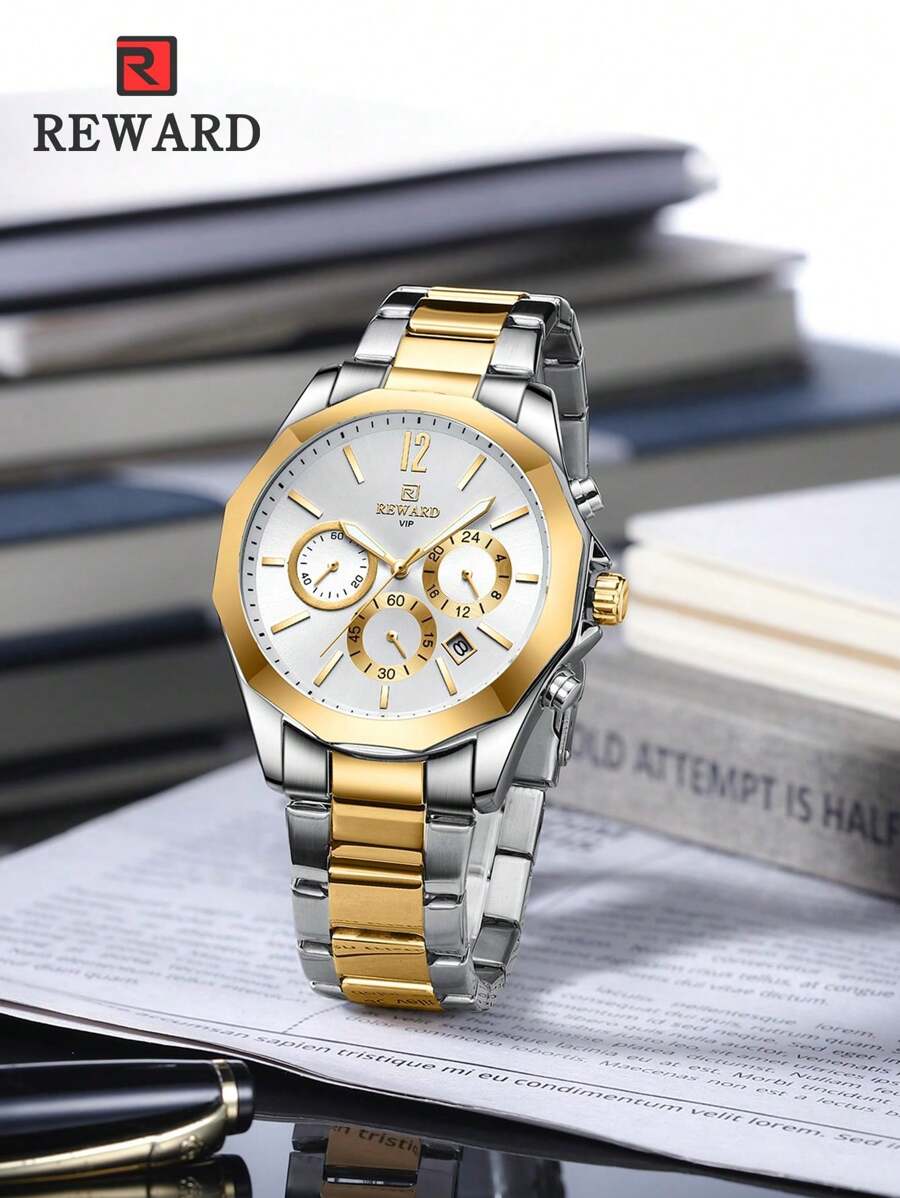 Reward男士不銹鋼表帶運動計時石英錶,具有多種功能 - 彩色 - 查看 1
