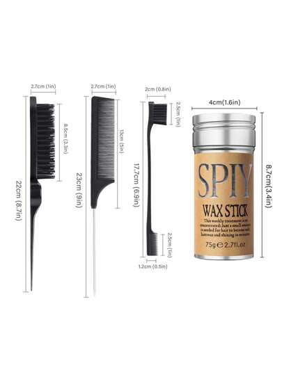 4入組髮型梳套裝，3入組拋光梳套裝附邊梳、刷子、大梳齒、刺梳，適用於修飾嬰兒髮和亂髮 - 黑色，1支75g頭髮蠟條，適用於蓬鬆頭髮