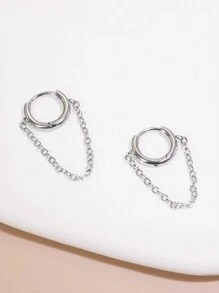1pair Fashionable Chain & Hoop Earrings, Stainless Steel Material, Suitable For Women's Daily Wear