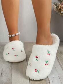 Fluffy Cherry Pattern Slippers - White - View 1