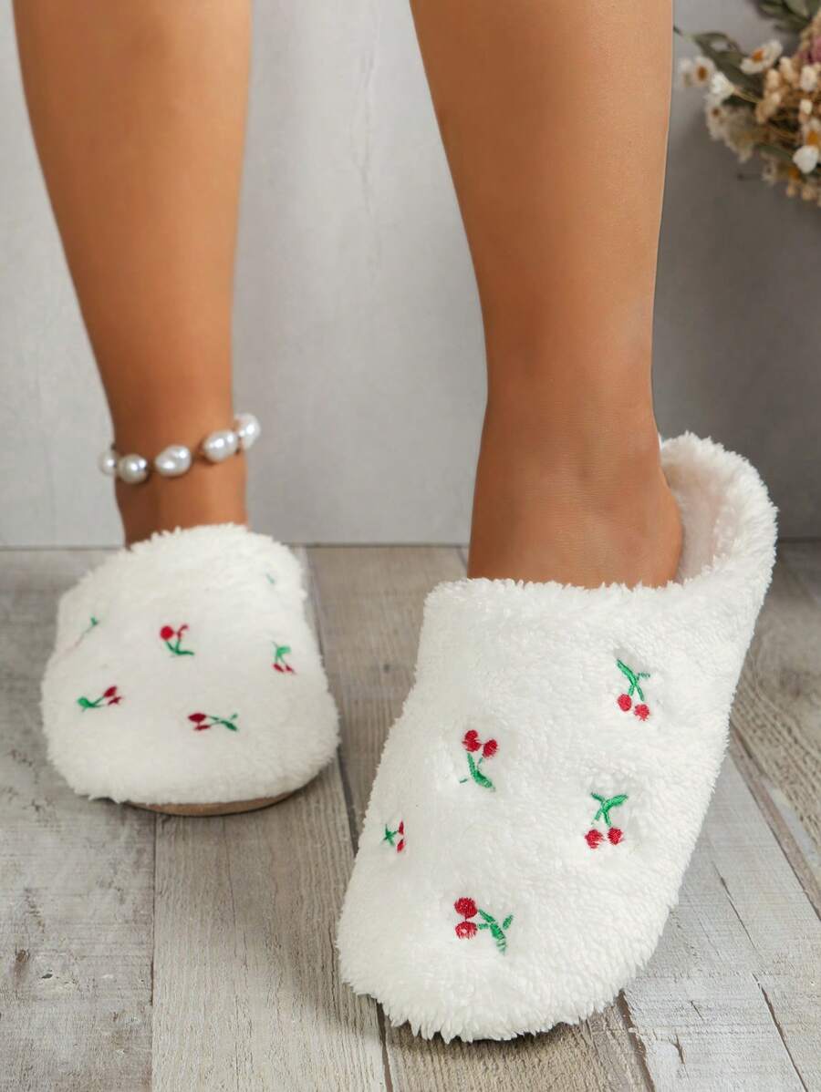 Fluffy Cherry Pattern Slippers - White - View 1