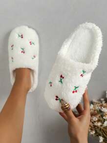 Fluffy Cherry Pattern Slippers - White - View 3