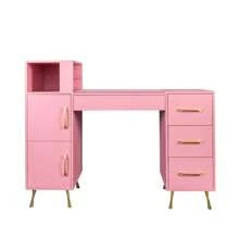 QQD Manicure Table Nail Desk For Nail Tech Glass Top, Beauty Salon Nail Supplies Decor Workstation Acetone Resistant 2 Side Cabinet+4 Drawers+1 Open Cabinet+1 Open Shelf