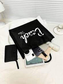 1套海灘字母假日包，女性時尚帆布手提包，配有扣緊的麻布袋，適合購物，適用於工作的便攜通用袋，適合婚禮、生日、沙灘、假期，是女性、媽媽、老師、朋友、伴娘、大袋子、學生返校、送給老師的禮物的絕佳選擇，可攜帶便當、午餐盒、信使斜挎包，適合男女、夫婦，適合日常生活、約會、節日、學校開學、夏天、度假、海灘、旅行、通勤、商務、學生、野餐、露營、超市、日常收納（還配有一個小袋）。特殊款式，大容量，是購物、背包、手提包的理想選擇。 - 黑色 - 查看 2