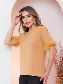 Blusa plumas feminina outono inverno - Amarelo - Visão 4