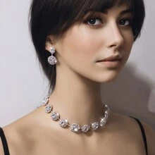 4pcs/set Full Diamond Circle Chain Necklace & Chain Bracelet & Drop Earrings For Women Wedding Bridal Jewelry - Silver - View 2