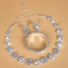 4pcs/set Full Diamond Circle Chain Necklace & Chain Bracelet & Drop Earrings For Women Wedding Bridal Jewelry - Silver - View 1