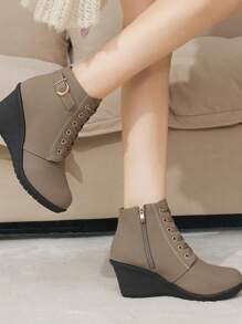 Fashion High Heel Lace-Up Round Toe Platform Casual Shoes For Women, Spring/Summer/Autumn - Khaki - View 3