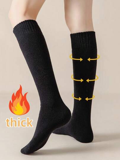 1 Pair Thickened Winter Thick Warm Socks For Women Knee-High Socks, Short Knee Socks, Warm Socks Calf Socks, Stockings, Terry Socks, Home Sleeping Socks,Black