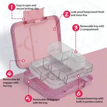 Caja de almuerzo bento de material de tritan con brillo - Envase de almuerzo grande - 4-6 compartimentos, a prueba de fugas, asa portátil, apto para microondas y lavavajillas