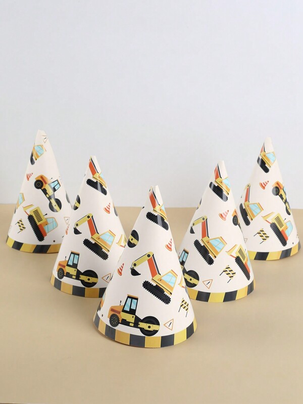 6pcs Engineering Vehicle Pattern Party Hats, Engineering Vehicle Theme Birthday Party Family Holiday Party Decoration Supplies, Birthday Party Hats, Photography Props