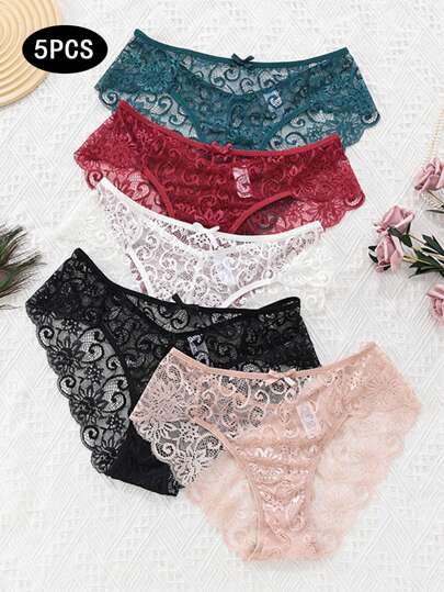 Ensemble de 5 pièces de lingerie sexy avec culottes triangulaires en dentelle ajourée à taille basse