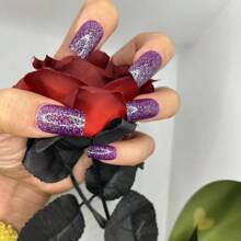 24pcs/Set Medium Long Full Cover Artificial Nails With Solid Color, Multi-Color Uv Gel & Glossy Finish For Women Press On Nails Nail Supplies - Purple - View 10