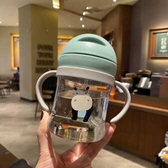 1pc Children's Straw Water Bottle, Cute Printed Drinking Cup With Scale, Kindergarten With Suction Cup, 250ml Capacity