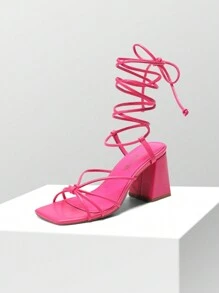 Women Chunky Heeled Strappy Sandals, Stylish Sexy Lace-Up High Heels With Square Toe For Party Wedding Prom For Summer Wearing - Màu Hồng Tươi - Xem 1