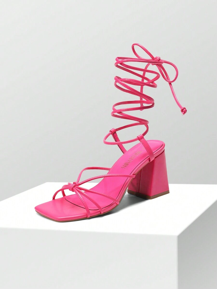 Women Chunky Heeled Strappy Sandals, Stylish Sexy Lace-Up High Heels With Square Toe For Party Wedding Prom For Summer Wearing - Màu Hồng Tươi - Xem 1
