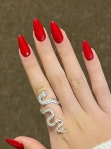 24片/套 短款杏仁形优质红色美甲贴纸，营造新年氛围，包含1个指甲锉和1瓶凝胶指甲油，美甲用品 - 紅色 - 查看 4