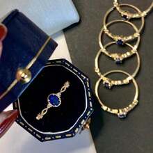 1入奢華日式鍍金戒指,簡約卵形花邊設置合成藍寶石,經典女性日常戒指 - 藍色寶石 - 查看 4