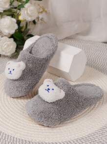 Bear Decor Fluffy Novelty Slippers - Light Grey - View 2